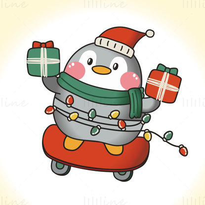 Penguin with lanterns holding gift holiday elements vector EPS