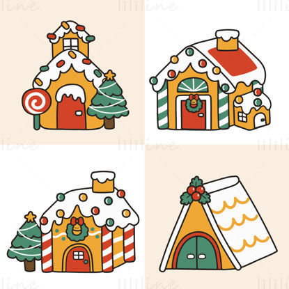 Four gingerbread house building candy festival elements vector EPS