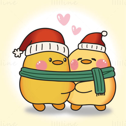 Рождественские две маленькие утки, обнимающиеся друг с другом в шарфах, рождественские шапки, праздничный костюм, элементы узора, вектор EPS