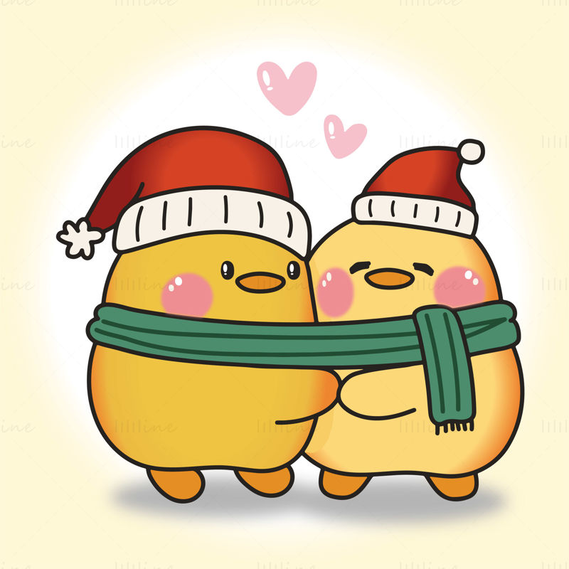 クリスマス スカーフで抱き合う 2 匹の小さなアヒル クリスマス帽子休日の衣装パターン要素ベクトル EPS