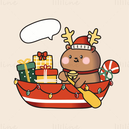 L'alce di Natale rema su una barca che trasporta i regali di Natale, gli elementi del modello di abbigliamento per le vacanze invernali, il vettore EPS