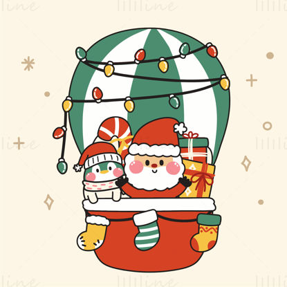 Santa Claus and penguins ride in a hot air balloon to deliver Christmas gifts, lanterns, socks, holiday costume pattern elements, vector EPS