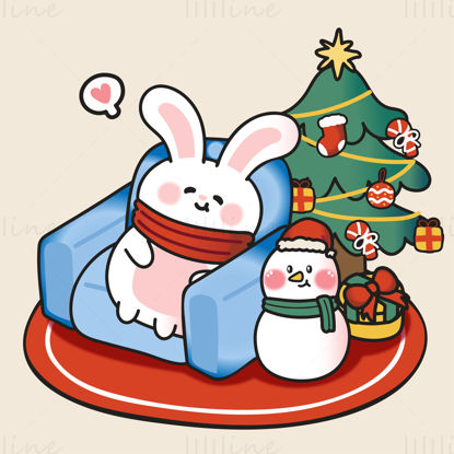Coelho branco de Natal sentado no sofá e boneco de neve decoração de árvore de Natal elementos padrão vetor EPS