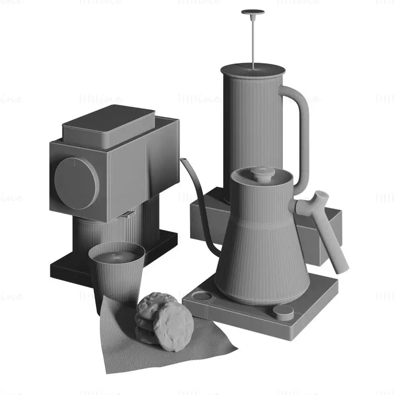 Fellow ODE Set Kettle + Coffee grinder + French Press 3D Model