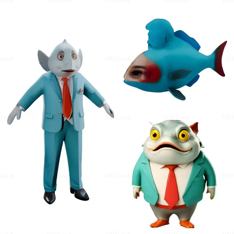 ビジネススーツを着た魚のキャラクターフィギュア 3D プリントモデル