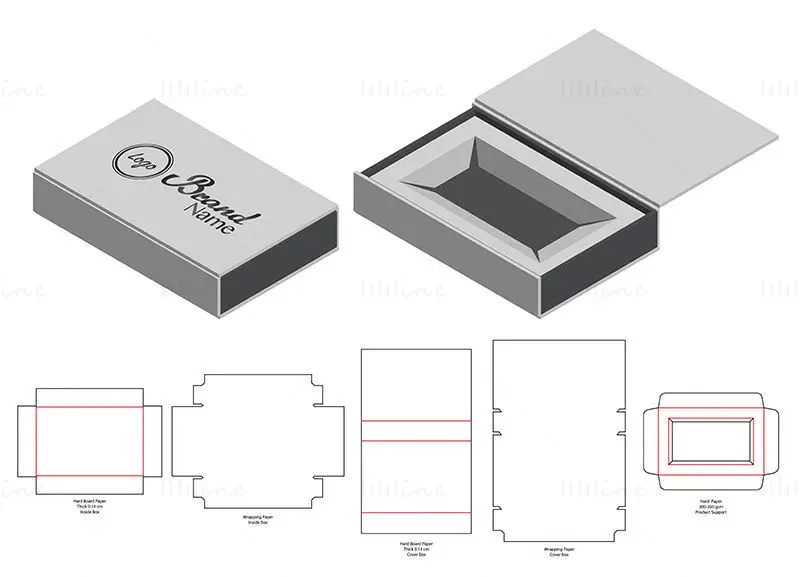 Flip cover packaging box with product support dieline vector