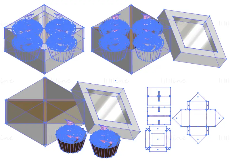 Four grid dessert packaging box dieline vector