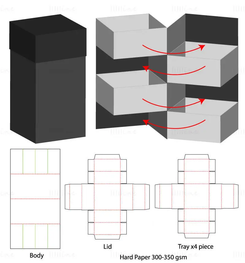 Four tray packaging box dieline vector