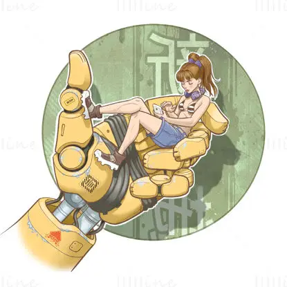Girl sit on a giant robot hand illustration