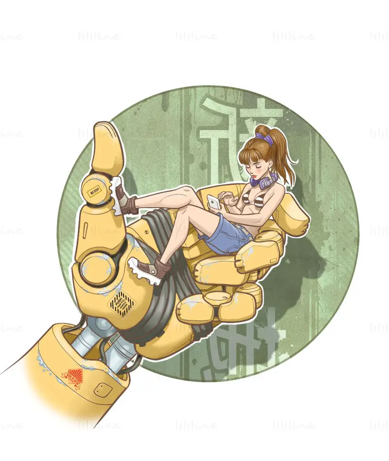 Girl sit on a giant robot hand illustration