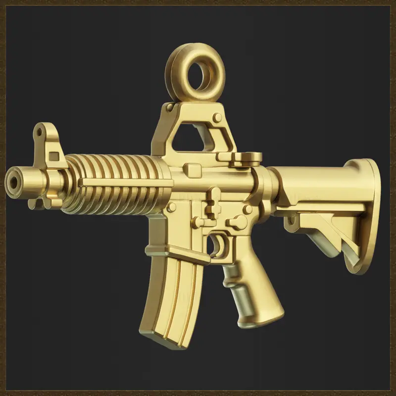 Návrh 3D modelu šperku se zlatým přívěskem s útočnou puškou