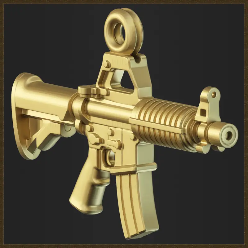 Návrh 3D modelu šperku se zlatým přívěskem s útočnou puškou
