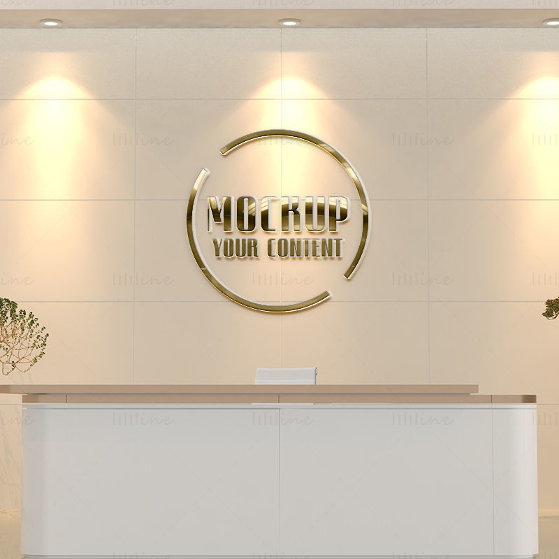 Golden company logo mockup reception area