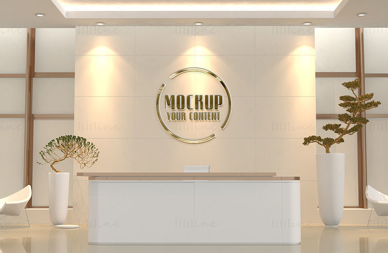 Golden company logo mockup reception area