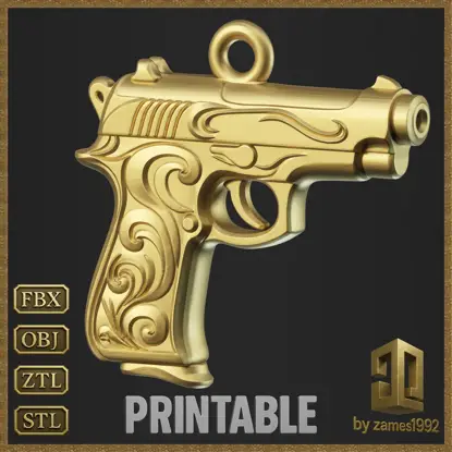 Golden Decorative Pistol Pendant Jewelry Design 3D Print Model