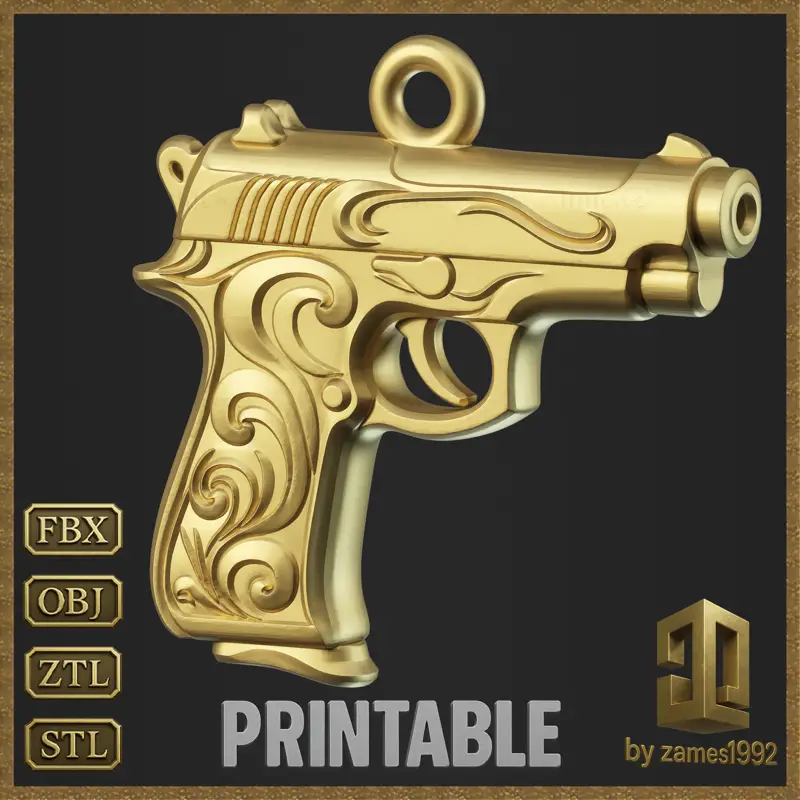 Zlatý ozdobný přívěsek s pistolí, design 3D tiskového modelu šperku