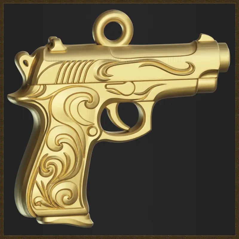 Zlatý ozdobný přívěsek s pistolí, design 3D tiskového modelu šperku