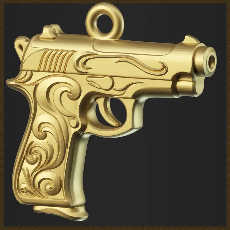 Zlatý ozdobný přívěsek s pistolí, design 3D tiskového modelu šperku