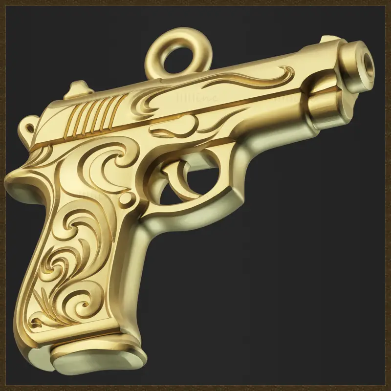 Zlatý ozdobný přívěsek s pistolí, design 3D tiskového modelu šperku