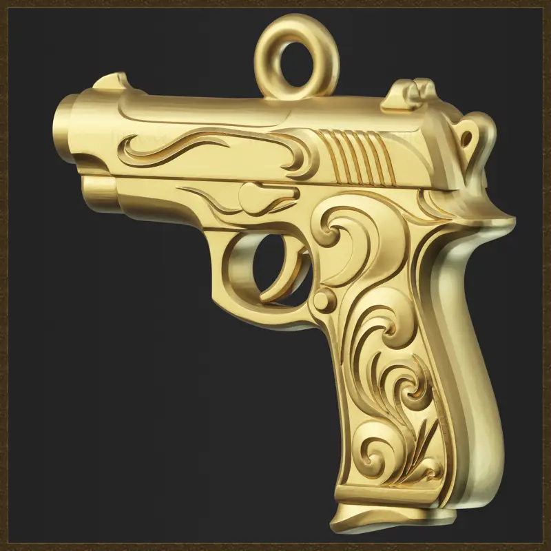 Zlatý ozdobný přívěsek s pistolí, design 3D tiskového modelu šperku