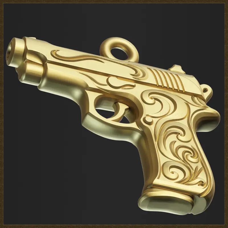Zlatý ozdobný přívěsek s pistolí, design 3D tiskového modelu šperku