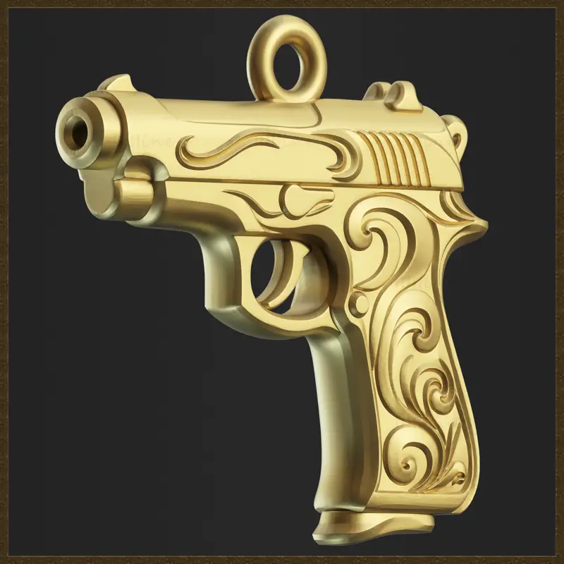 Zlatý ozdobný přívěsek s pistolí, design 3D tiskového modelu šperku