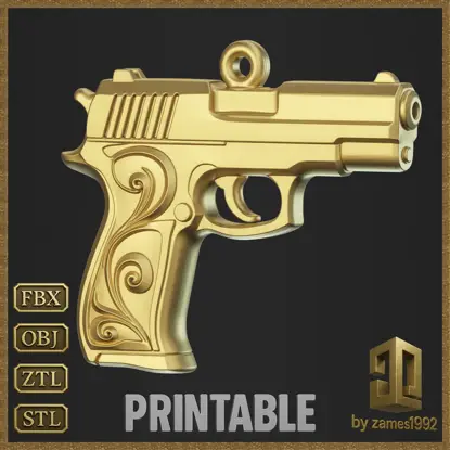 Golden Ornate Pistol Pendant Jewelry Design 3D Print Model