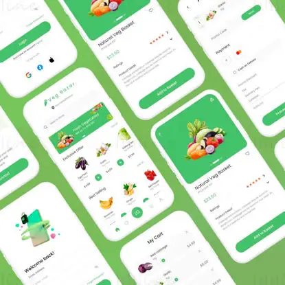 Élelmiszerbolt alkalmazás felhasználói felület/UX tervezési sablon Figma
