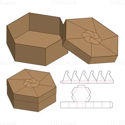 Hexagonal self sealing lid packaging box dieline vector