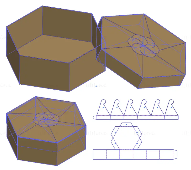 Hexagonal self sealing lid packaging box dieline vector