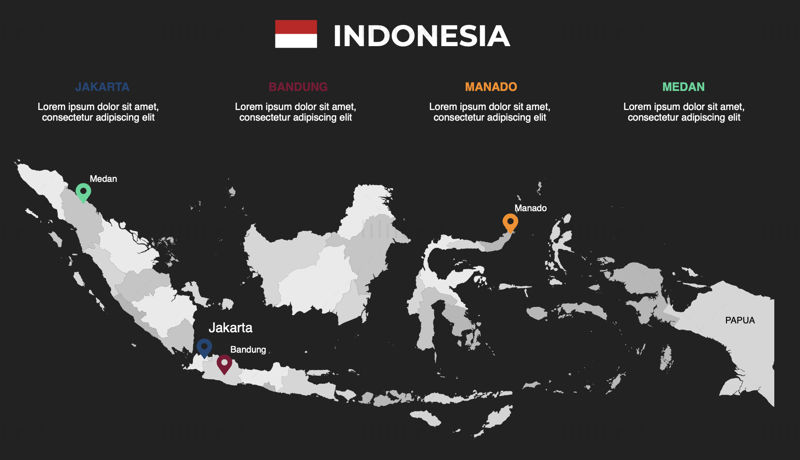 Indonezia Infografică Hartă editabilă PPT și Keynote