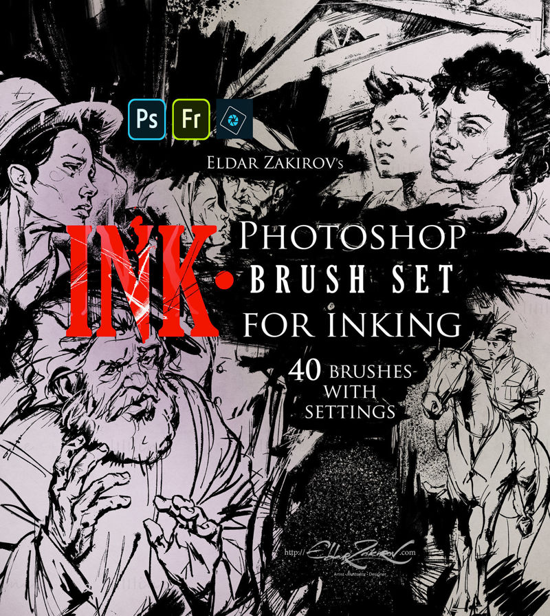 INK. 40 Photoshop Brushes for Inking + Photoshop Action for 100% black