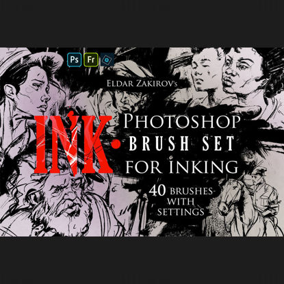 INKOUST. 40 Photoshop štětců pro barvení + Photoshop Action pro 100% černou