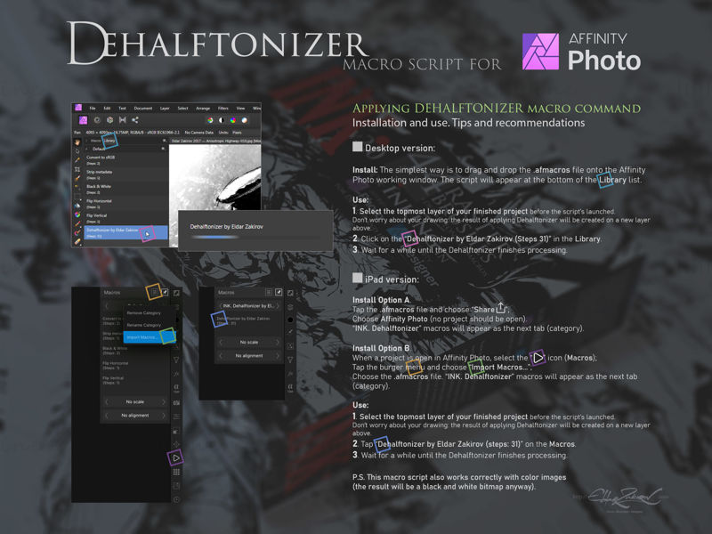 INK. for Affinity Photo & Designer: 44 raster Brushes + Dehalftonizer macros — for desktop & iPad
