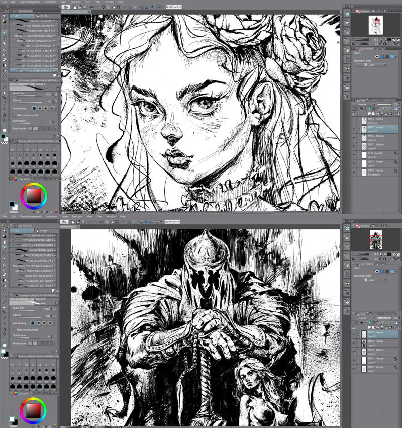 BLEKK. for Clip Studio Paint og Manga Studio: 41 underverktøy for blekk + automatisk handling for 100 % svart