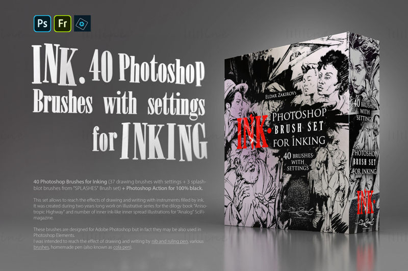 BLEKK. 40 Photoshop-børster for blekk + Photoshop Action for 100 % svart