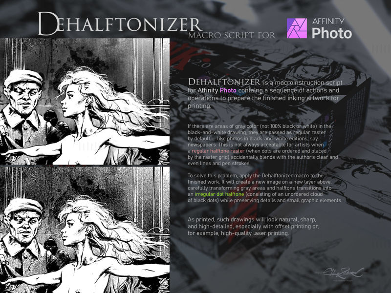 INKT. voor Affinity Photo & Designer: 44 rasterpenselen + Dehalftonizer-macro's — voor desktop en iPad
