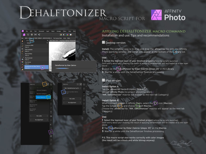 INKT. voor Affinity Photo & Designer: 44 rasterpenselen + Dehalftonizer-macro's — voor desktop en iPad
