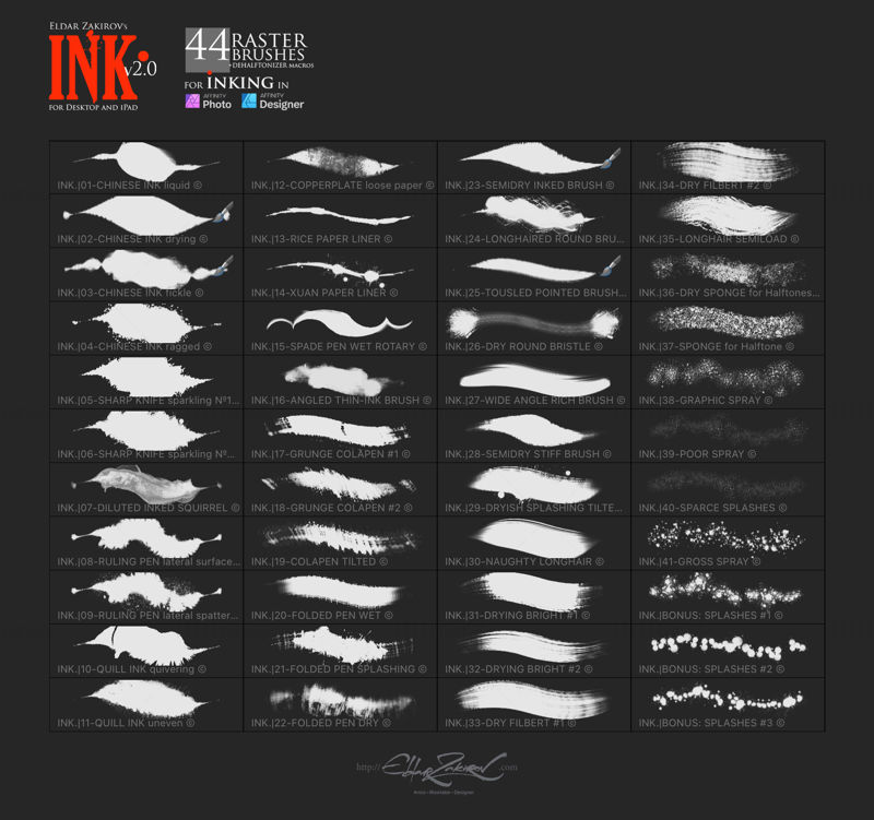INK. for Affinity Photo & Designer: 44 raster Brushes + Dehalftonizer macros — for desktop & iPad