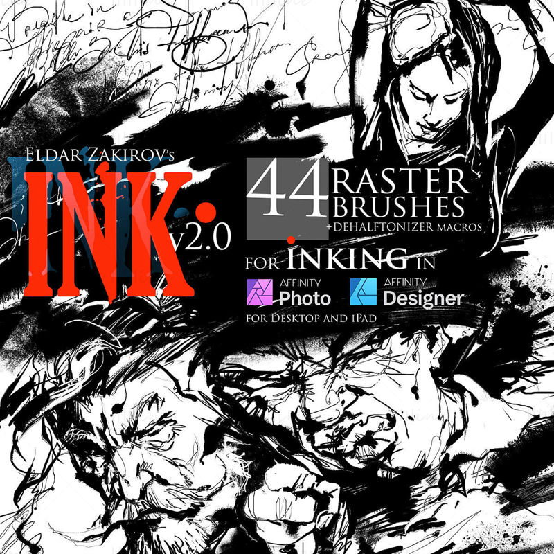 INK. for Affinity Photo & Designer: 44 raster Brushes + Dehalftonizer macros — for desktop & iPad