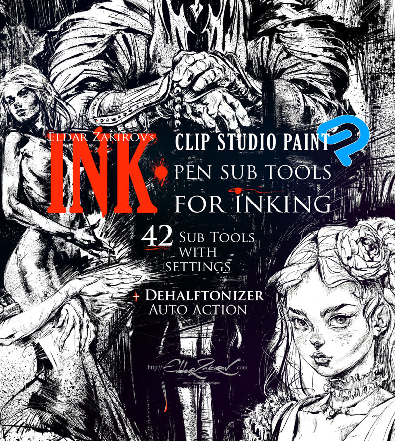 ЧЕРНИЛА. для Clip Studio Paint и Manga Studio: 41 дополнительный инструмент для рисования + автоматическое действие для 100% черного цвета.