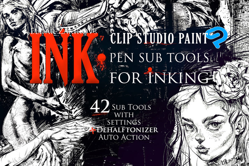 INKOUST. pro Clip Studio Paint a Manga Studio: 41 dílčích nástrojů pro barvení + automatická akce pro 100% černou