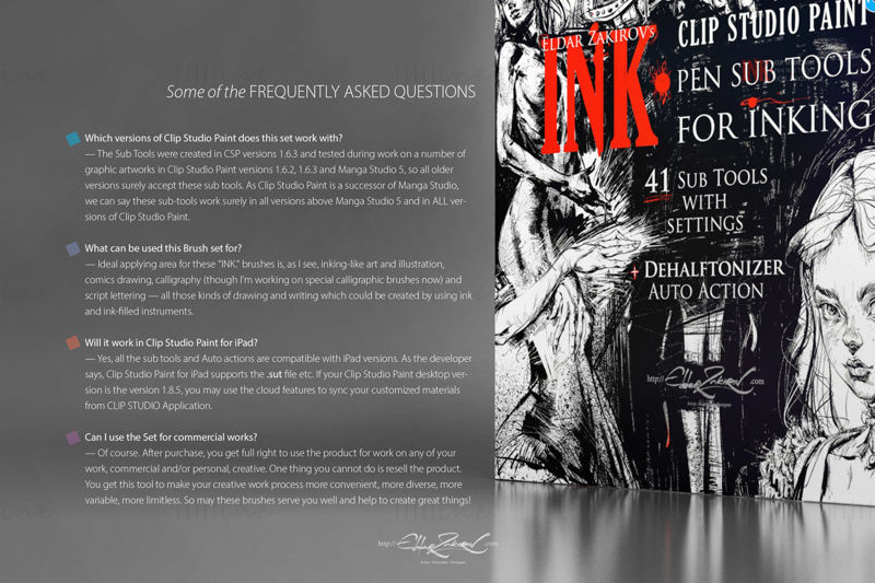 INK. for Clip Studio Paint and Manga Studio: 41 Sub-Tools for Inking + Auto Action for 100% black