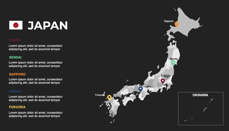 Japan Infographics Map szerkeszthető PPT és Keynote