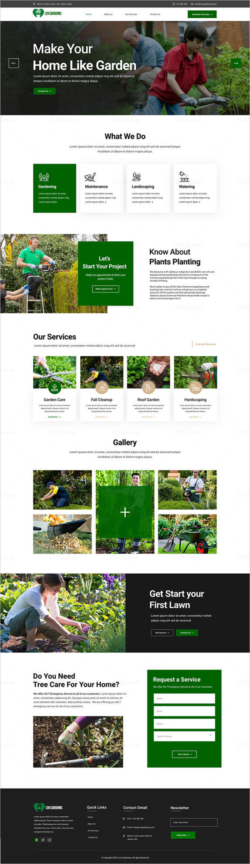 Шаблон одредишне странице веб странице компаније Лове Гарденинг – кориснички интерфејс Адобе КСД