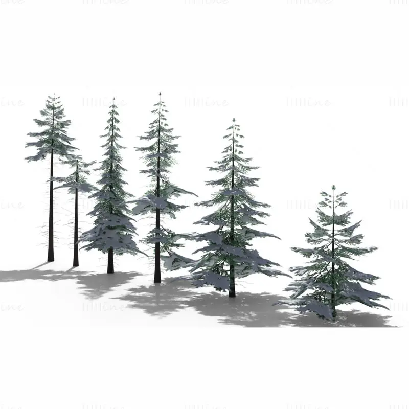 低ポリゴンの雪に覆われたトウヒの木 3D モデル パック