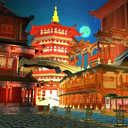 Maya东方风格建筑场景模型夜景3D模型