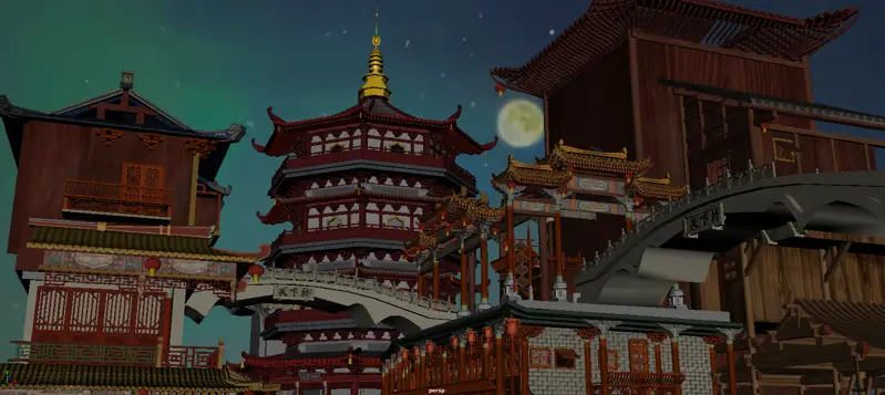 Maya东方风格建筑场景模型夜景3D模型