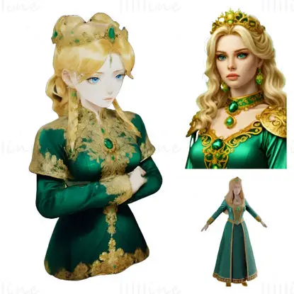 Figura de princesa de fantasía medieval en color esmeralda, modelo para impresión 3D