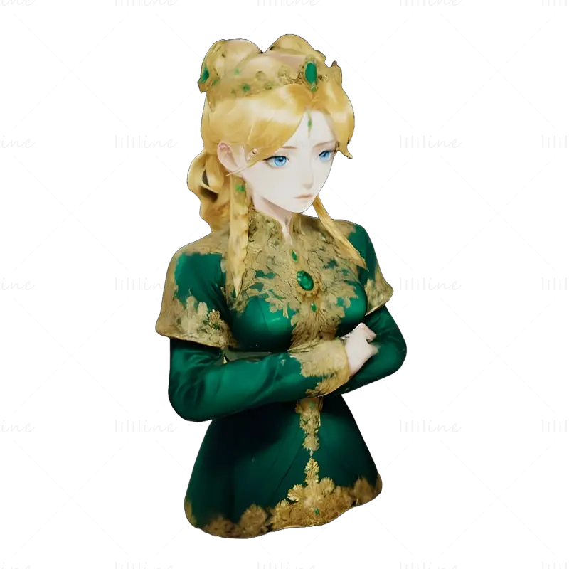 Figurina di principessa fantasy medievale in modello di stampa 3D color smeraldo